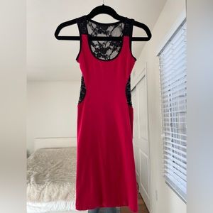 Bebe Bodycon Mini Dress, Red with Black Lace Detail, Size Petite/Small/2